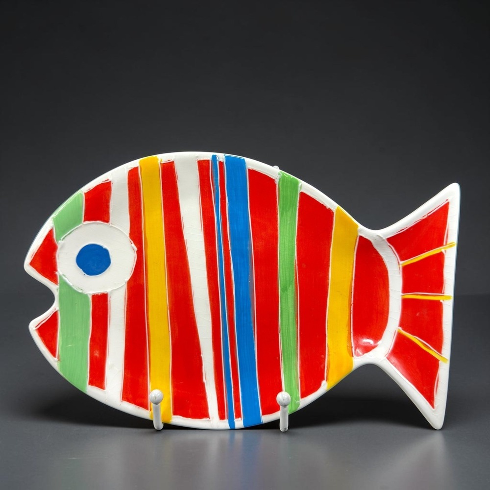 Flowers Inc Balloons Hand Painted Ceramic Fish Platter Red Yellow Striped‎ 10in